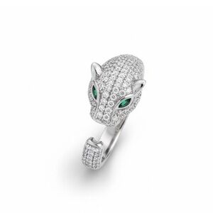 Silver CZ Panther Head Ring with Green Stone Eyes
